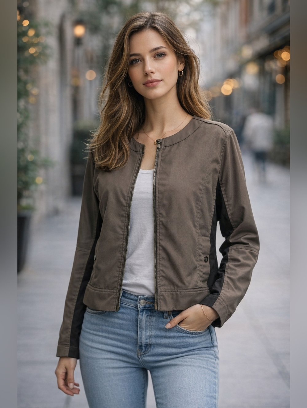 Athleta Left Bank Bomber Jacket Brown XL Stretch Panels Zip Sleeve Lined